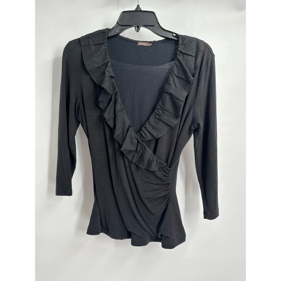 J.McLaughlin Tops - J McLaughlin Womens Minimalist Black Wool Bamboo Ruffle Wrap Top Size XS Office